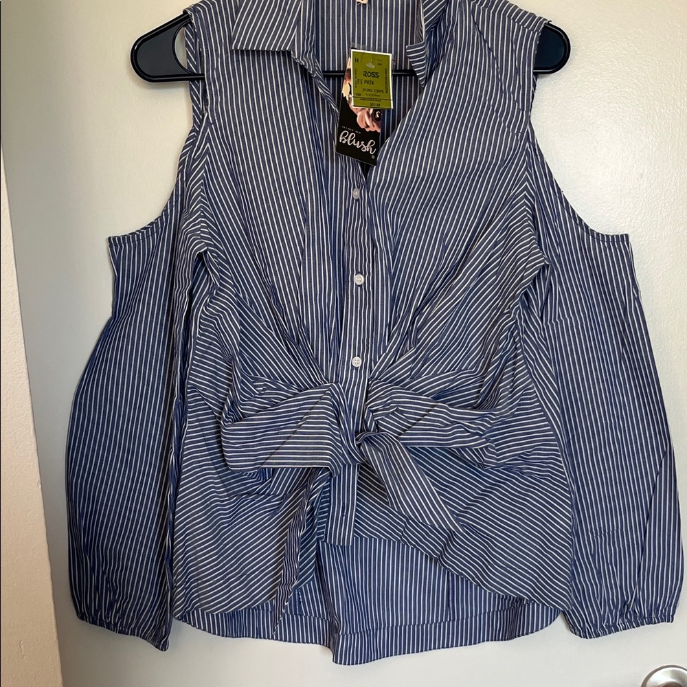 Blush Navy and White Striped Cold-Shoulder Button-Front Top with Front Tie